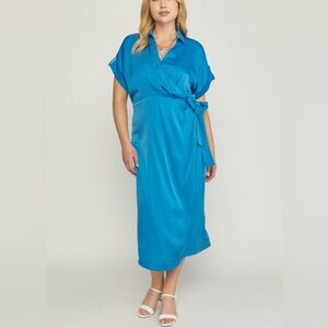 NWT Entro Satin Wrap Dress With Side Self Tie Closure Blue